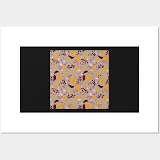 Pattern with colourful autumn leaves and flowers in beige Posters and Art